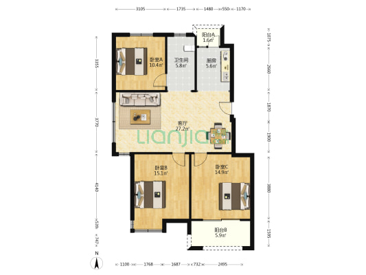 景和名苑 3室1厅1卫 105平方