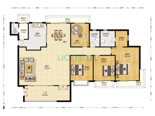 锦绣江南三期(公寓) 4室1厅3卫 223平方