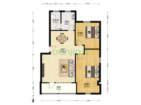 中国边检宿舍 2室1厅1卫 85平方