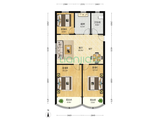 龙海花苑A区 3室1厅1卫 98平方