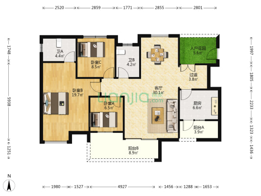 精装修 正朝南 高楼层看江看中庭 住家安静-户型图