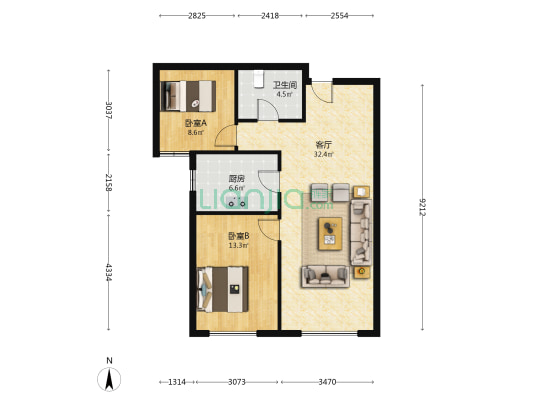 高铁新干线 2室1厅 南-户型图