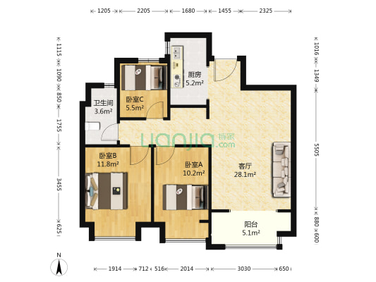 城开御园二期 3室1厅1卫 88平方