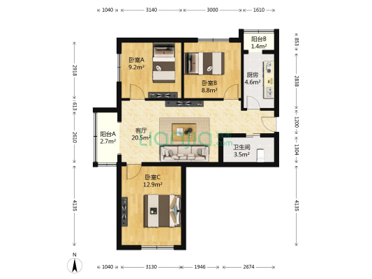 旗胜家园 3室1厅1卫 88平方