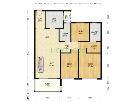 玖珑湾3期 3室1厅2卫 132平方