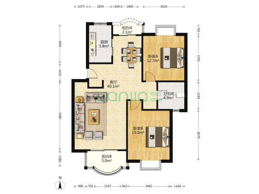 绿景苑 2室1厅1卫 100平方