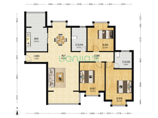 天豪公寓(乐清市) 3室1厅2卫 146平方