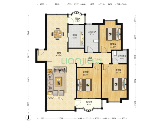 亨通花园 3室1厅2卫 139平方