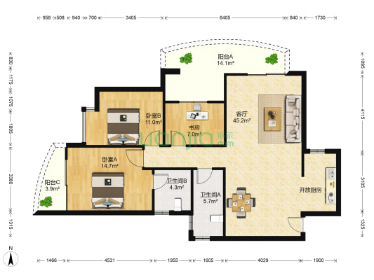 雍王府 3室1厅2卫 127平方
