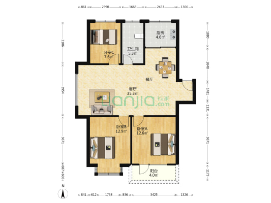 未来新家园 3室1厅1卫 100平方