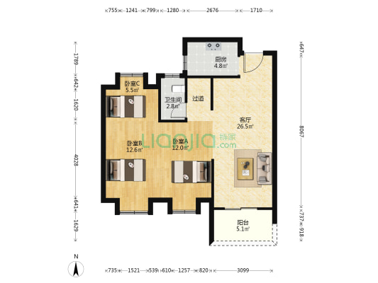 北辰孔雀城航天府 3室1厅1卫 91平方