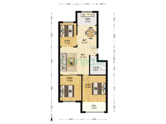 富苑新城 3室2厅1卫 90平方