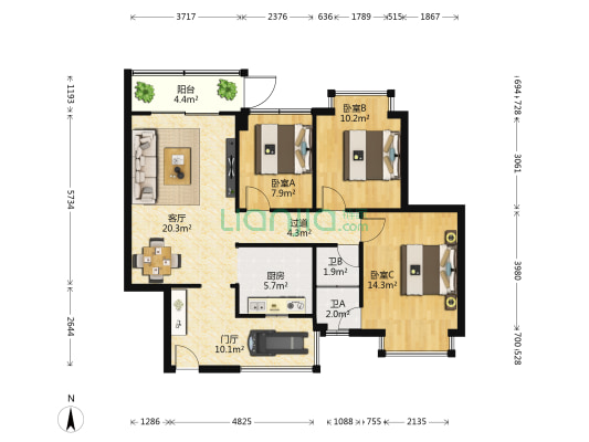 风格雨林 3室1厅2卫 86平方