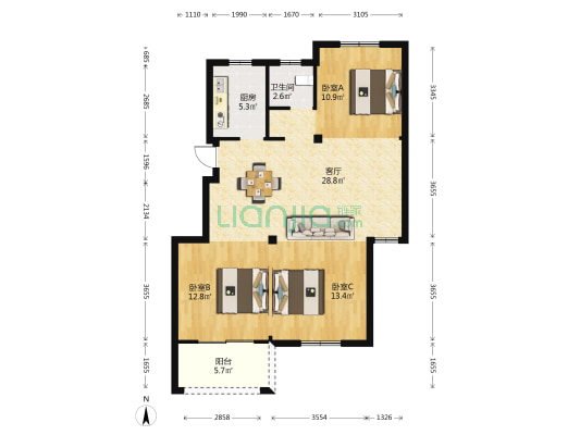 三村新苑 3室1厅1卫 96平方