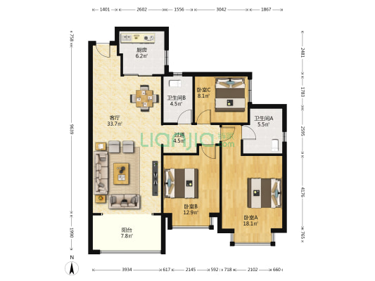 恒大文化旅游城A区 3室1厅2卫 126平方