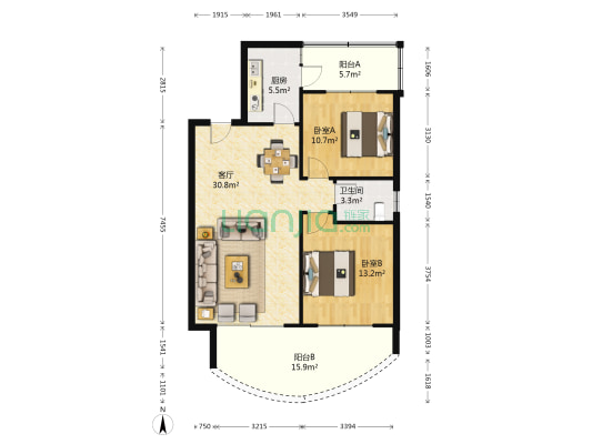 桓大钰馨居 2室1厅1卫 90平方