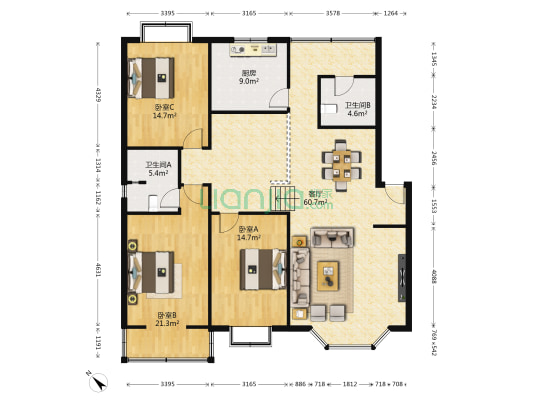 滨江花园 3室1厅2卫 153平方
