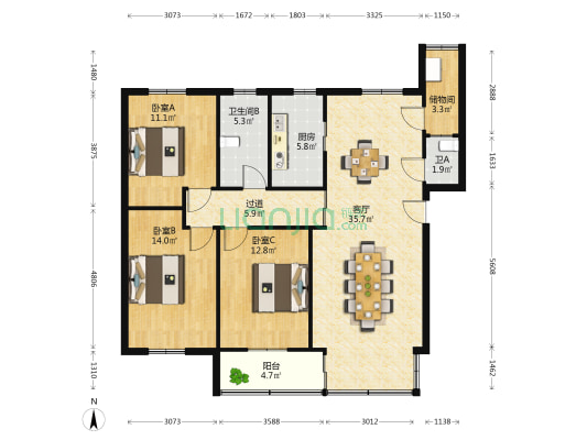 幽澜苑 3室1厅2卫 114平方