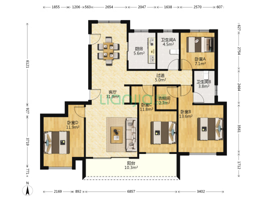 旭辉东湖城 4室1厅2卫 139平方