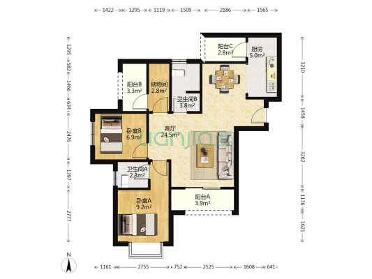 牛津大道 2室1厅2卫 85平方