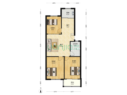 医药公司家属院 3室2厅1卫 98平方