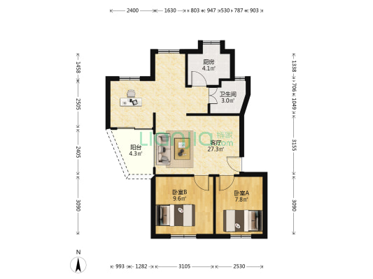 桂林橡胶设计院 2室1厅1卫 65平方