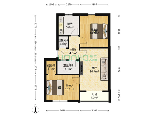 小纬北路2号 2室1厅2卫 68平方