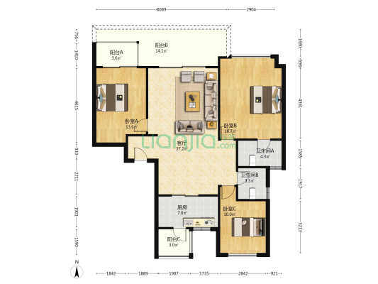 中车共享城境苑 3室1厅2卫 139平方