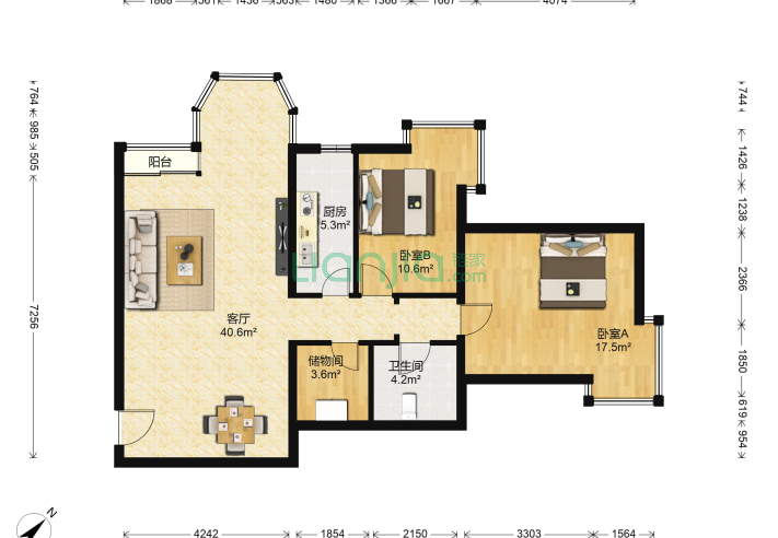 2室1厅1卫110.61㎡-北京珠江帝景户型图