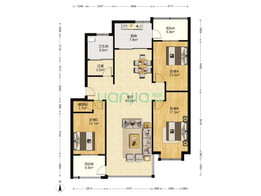 九龙山庄金水苑 3室1厅1卫 139平方