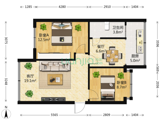 昆都雅苑 2室2厅1卫 72平方