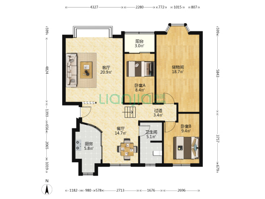 智邦家园 2室2厅1卫 126平方