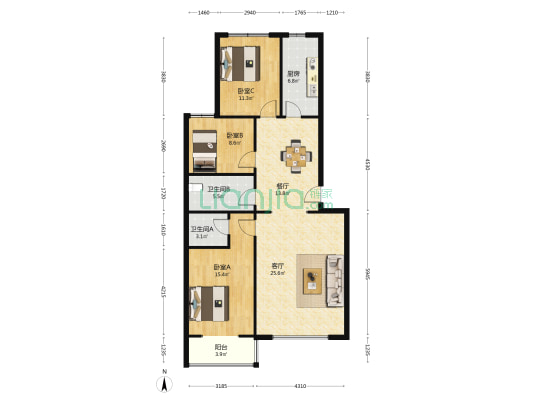 世纪新城 3室2厅2卫 119平方