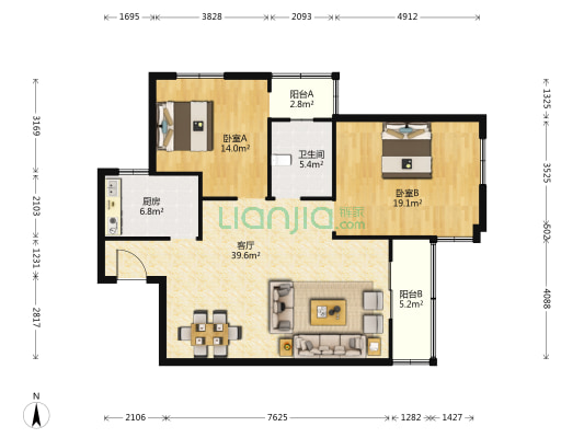 国祯家园 2室1厅1卫 117平方