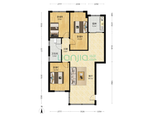松苑小区 3室1厅1卫 96平方