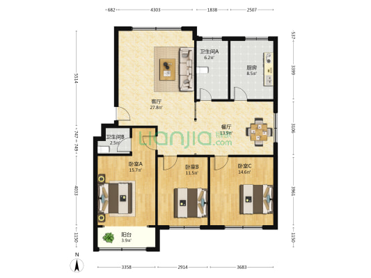 黄海花苑 3室2厅2卫 131平方