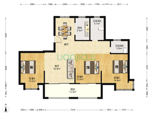 通银·红堡庄园 3室1厅2卫 130平方