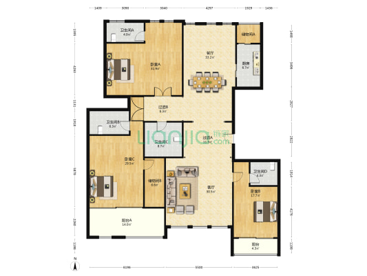 天将孝门 3室2厅4卫 285平方