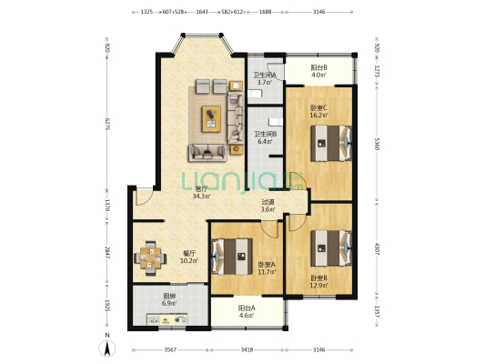 崇义桥街468号 3室2厅2卫 128平方