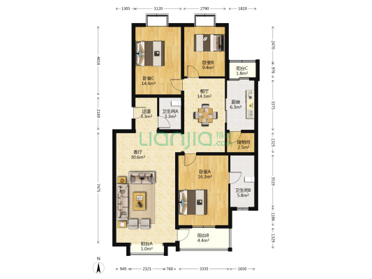 世涛天朗 3室2厅2卫 138平方