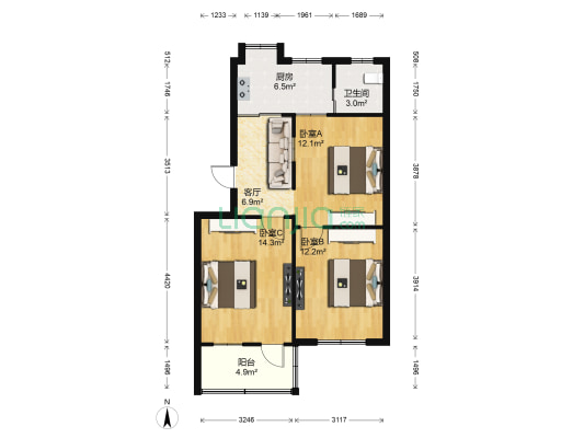 江西省二建象湖小区 3室1厅1卫 74平方