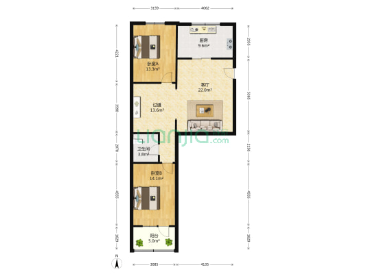 蓝天商住楼 2室1厅1卫 109平方