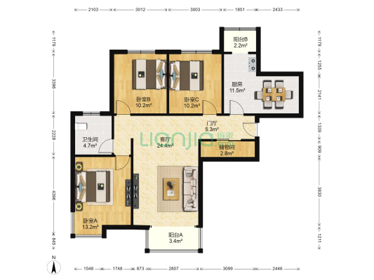 天合家园 3室1厅1卫 126平方