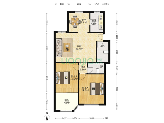 秀城公寓 2室2厅2卫 95平方