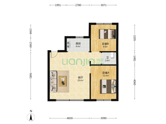 中铁逸都F区 2室1厅1卫 78平方