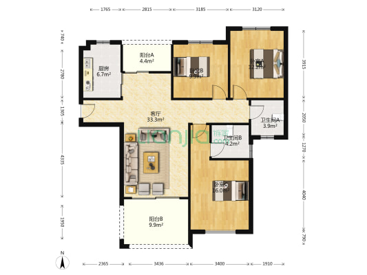 衡丰家园 3室1厅2卫 126平方