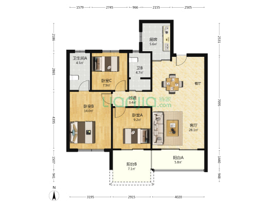 华新尊元里 3室1厅2卫 113平方