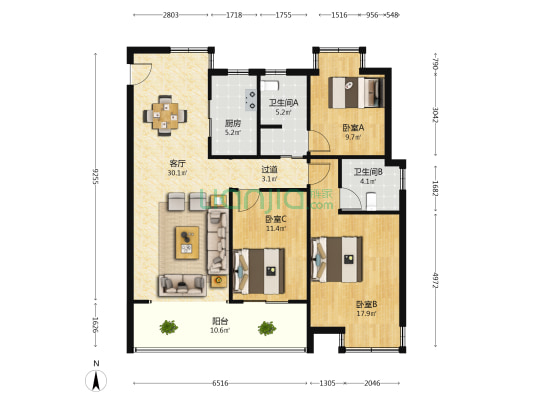 中大汇 3室1厅2卫 127平方
