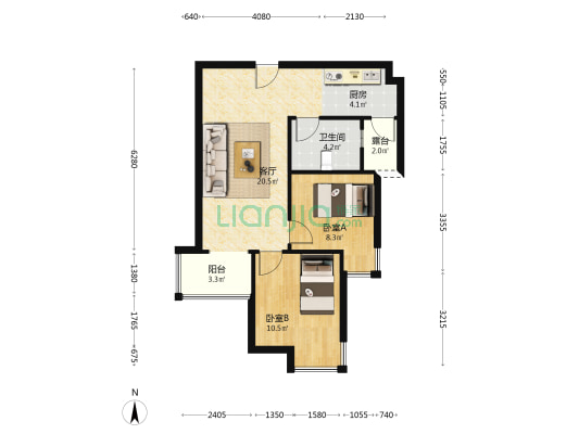 品质社区，明厨明卫，朝南两居！-户型图
