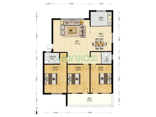 航宾花园 3室2厅2卫 135平方